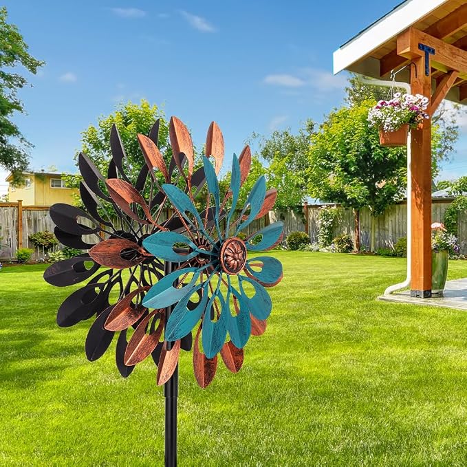 VEWOGARDEN 360° Outdoor Metal Wind Spinners Kinetic Wind Sculptures & Spinners for Yard Garden Lawn Patio Decorations, Blue & Bronze