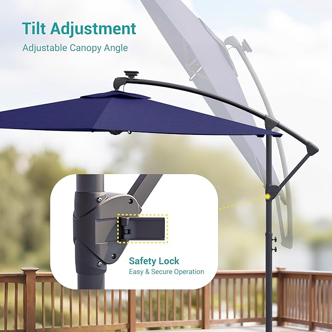 10ft Offset Patio Umbrella with Solar Light Strips,Outdoor Cantilever Hanging Umbrella with Cross Base, Fade Resistant Recycled Fabric, for Pool, Deck, Garden,Backyard,