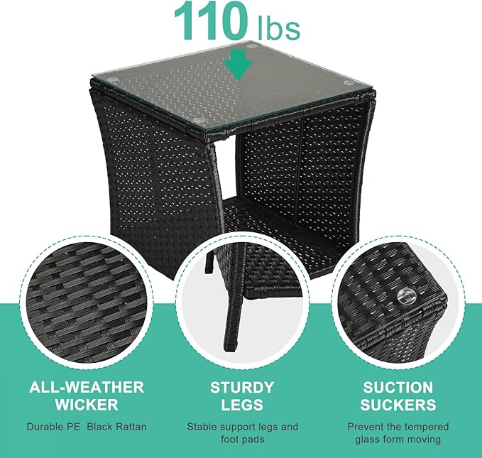 Wicker Rattan Side Table,Outdoor Patio Wicker Side Table, Square End Table Bistro Coffee Table with Glass Top Storage Shelf for Porch Garden Backyard Black