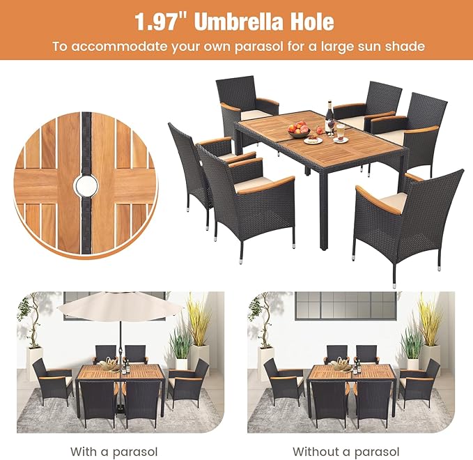 HAPPYGRILL 7 Pieces Outdoor Dining Set, Patio Conversation Set with Umbrella Hole, Acacia Wood Tabletop & Seat Cushions, Dining Table with 6 Rattan Wicker Chairs for Backyard Poolside Deck