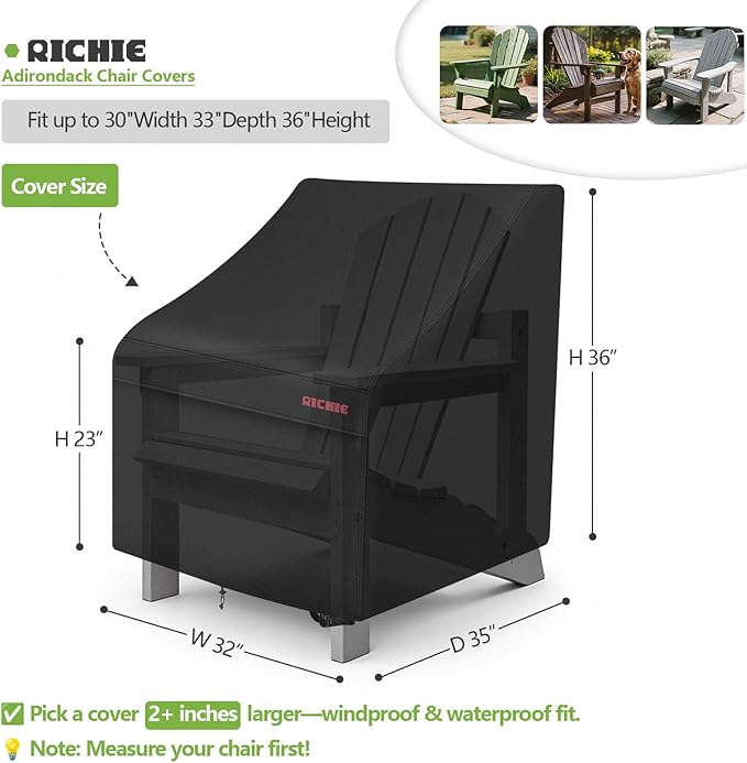 RICHIE Adirondack Patio Chair Covers Waterproof, 600D Oxford Fabric with UV Protection, Outdoor Furniture Covers Fit 32"W x35"D x36"H (Black)