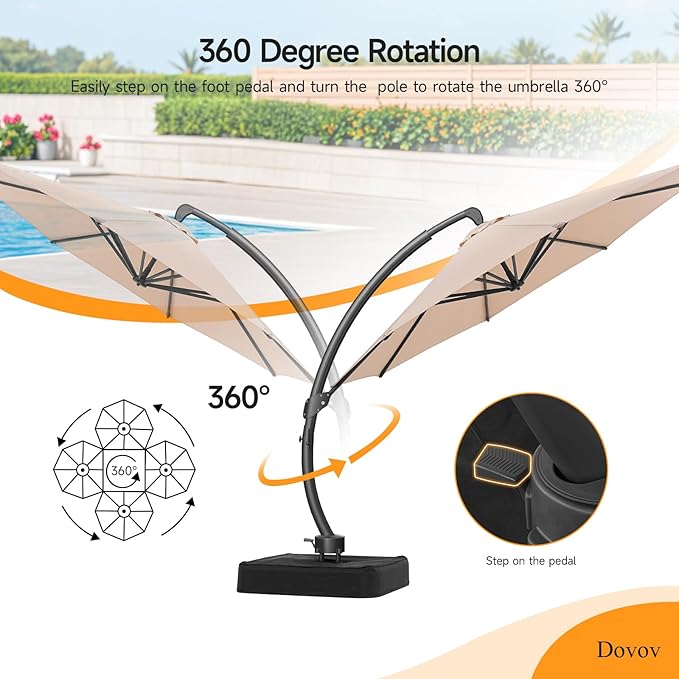 11 FT Outdoor Patio Umbrella with Base, Aluminium Curved Cantilever Umbrella, Large Round Hanging Offset Umbrella with Unlimited Position Adjustment and 360°Rotation for Market Garden Pool, Champagne