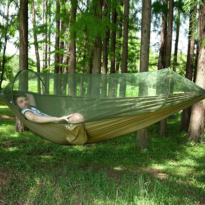 Camping Hammock, Lightweight Nylon Parachute, Portable Indoor & Outdoor Tree Hammock with 2 Hanging Straps & Tent Net, Travel Hammocks, Backyard, Camping-A||290140CM