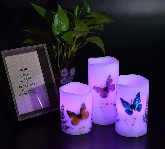 Candles Set of 3 Flameless 4" 5" 6" Unscented Tealight Butterfly Flower Plants Decor Real Wax Pillar Candle LED Lights 12 Color Changing 4H 8H Timer Remote Control AAA Batteries Operated