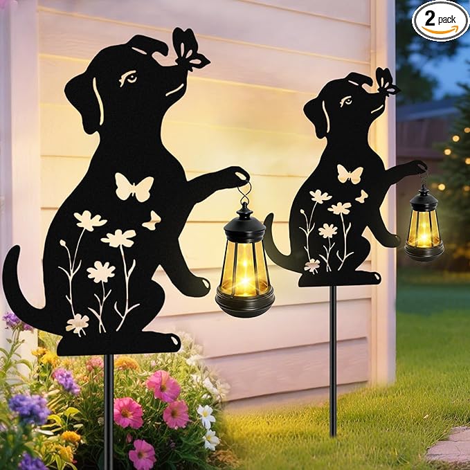 Solar Lights Outdoor, 2 Pack Metal Dog Solar Lights, Birthday Gifts for Women Mom Mother's Day, Waterproof Metal Hanging Lantern Stakes Garden Decor Outside Patio Yard Pathway Backyard,Lawn