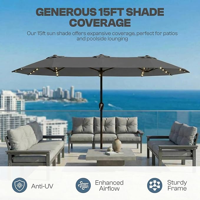 15FT Patio Umbrella with Solar Lights, Double-Sided Extra Large Outdoor Table Umbrella with Base Included, Heavy-Duty 12 Iron Ribs Market Umbrella for Garden, Pool, Backyard, Gray