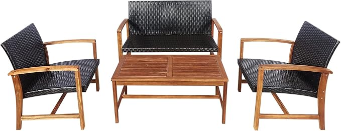 HAPPYGRILL 4 Pieces Patio Furniture Set Outdoor Patio Conversation Set with Coffee Table Loveseat Armchairs, Solid Acacia Wood, PE Wicker Surface, Modern Chat Set for Deck Poolside and Backyard