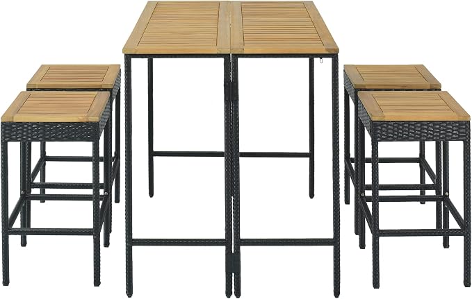 5-Piece Outdoor Patio Wicker Bar Set,PE Rattan Wicker High-Dining Bistro Set with 4 Square Stools and 1 Acacia Wood Table with Foldable Tabletop