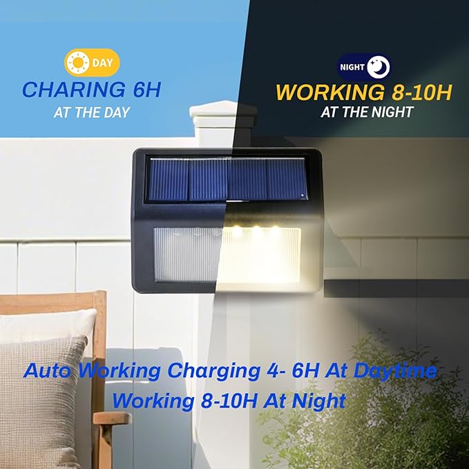 Bright Solar Fence Lights, 12 Pack Outdoor Step Lights, IP65 Waterproof, 3000K Warm-White, Dusk to Dawn Outdoor Lighting with 6 LED for Wall, Garage, Patio, Exterior, Porch