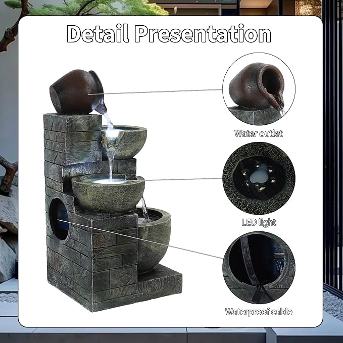 4-Tiers Outdoor Garden Water Fountain, 24 inch H Cascading Bowls and Stacked Stones Outside Patio Outdoor Water Fountain with LED Light, Without Atomizer Warm Light