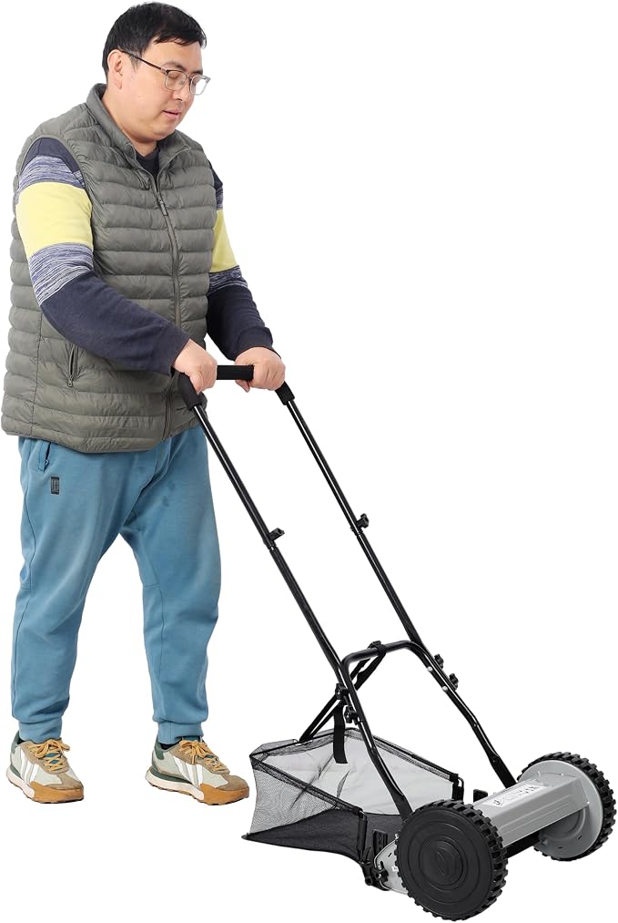 14-Inch 5-Blade Push Reel Lawn Mower with Grass Catcher Gray Precision Cutting Adjustable Blade Height Versatile Grass Cutting Eco-Friendly Steel