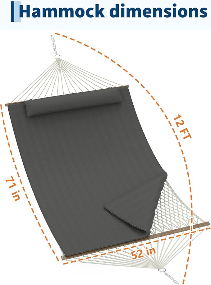2 Person 12FT Hammocks for Outside, Double Quilted Fabric Outdoor Hammock with Spreader Bar, Large Removable Pillow, Storage Pockets, Carabiners, Max 450 Lbs Capacity