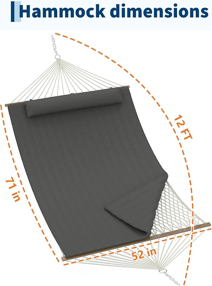 2 Person Outdoor Hammock with Stand - Cotton Rope & Polyester Pad - Adjustable Steel Frame - Sturdy & Cozy for Patio, Backyard, Garden, Beach - Dark Gray