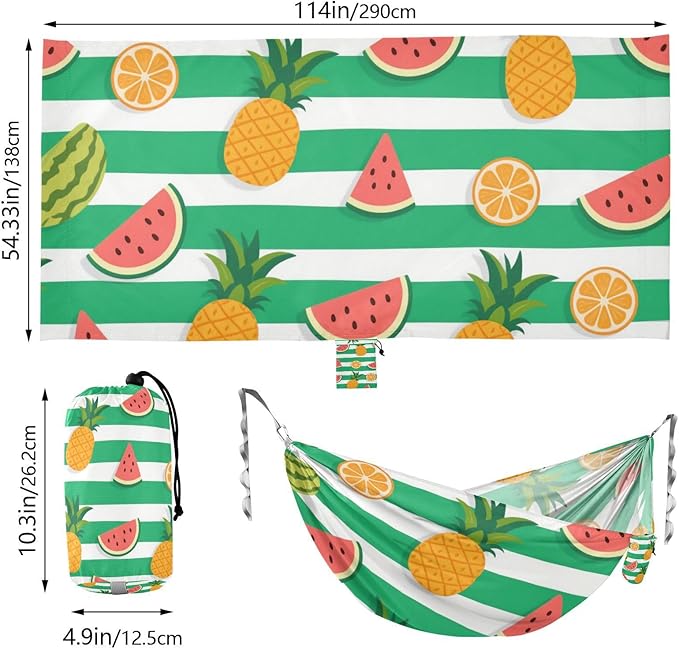 Green White Striped Summer Fruit 330lb Capacity Hammocks for Camping with Tree Straps Tree Hammock for Patio Backyard Lounge Base hamaca para Patio Exterior