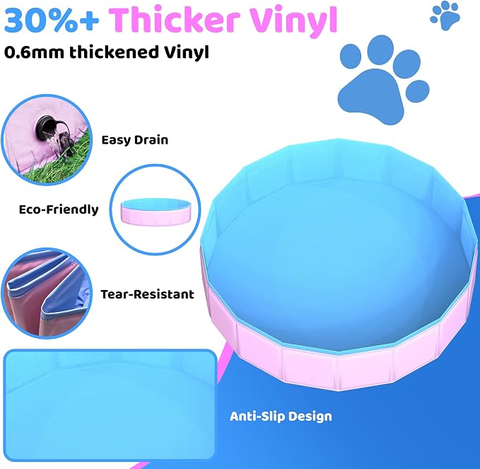 CACSPS 2025 Updated Foldable Dog Pool, 97" x 12" Kiddie Pool with Hard Plastic, Non-Slip Dog Bath Tub for Outdoor Backyard, Collapsible Dog Swimming Pool for Kids Dogs Pets (Pink)