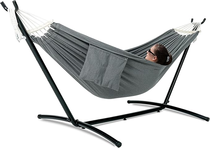 Double Hammock with Stand for Outside, Upgraded Spreader Bar, Heavy Duty Space Saving Steel Stand 2 Person, Side Pocket, Easy Assembly, 600lbs Weight Capacity, Indoor & Outdoor (Dark Grey)