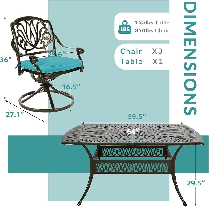 MEETWARM 9-Piece Outdoor Patio Dining Set for 8, All Weather Cast Aluminum Patio Funiture Table and Chairs Set- Large 64" Square Table, 8 Cushioned Swivel Rocker Chairs, 2.2" Umbrella Hole, Ocean Blue