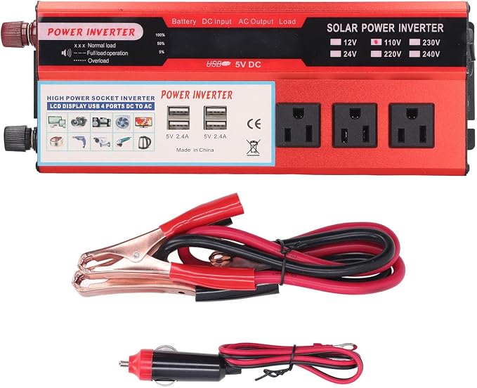 Sine for Wave Inverter, 4000W Peaking Sine for Wave Car Inverter Aluminum Alloy LCD Digital Display 2000W US Plug AC110V for Replacement (12V)