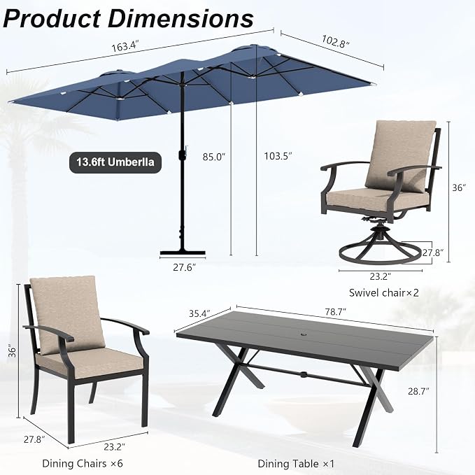 10 Piece Outdoor Dining Set for 8, Patio Table and Chairs Set with Umbrella, Metal Patio Furniture Set with 2 Swivel Chairs, Outdoor Table and Chairs with Cushions for Lawn, Garden, Yard-Sand
