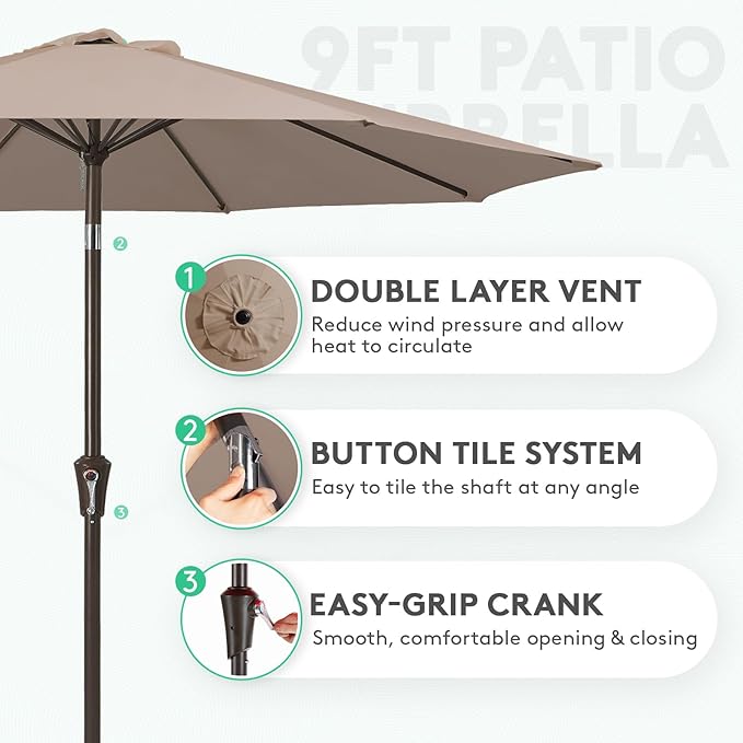 JEAREY 9FT Outdoor Patio Umbrella Outdoor Table Umbrella with Push Button Tilt and Crank, Market Umbrella 8 Sturdy Ribs UV Protection Waterproof for Pool, Garden (Tan)