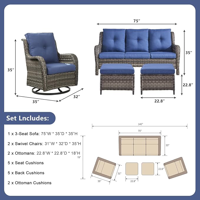 Rilyson 5 Piece Outdoor Patio Furniture Set - Rattan Wicker Patio Conversation Sets with 2 Swivel Rocker Chairs,2 Ottomans and 1 Sofa for Outside Porch Deck Backyard(Mixed Grey/Blue)