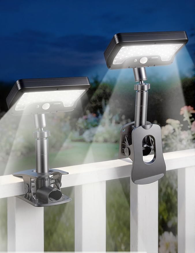 Solar Clip Light with Motion Sensor, Waterproof Clip On Solar Lights Outdoor, 360°Rotatable & 45°Up-Down Adjustable Solar Fence Ligh, Dual Charging Modes,Solar Security Light for Garden Garage