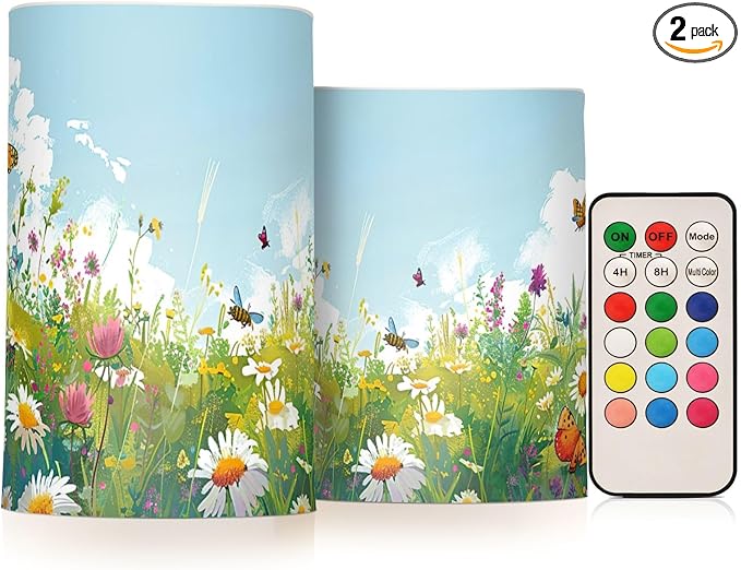 Doodle Flower and Butterfly Pattern Flameless Candles Color Changing LED Candles with Remote Control Battery Candles for Outdoor and Indoor Home and Room Decoration, 3'' x 4''/5'' Set of 2 Piece