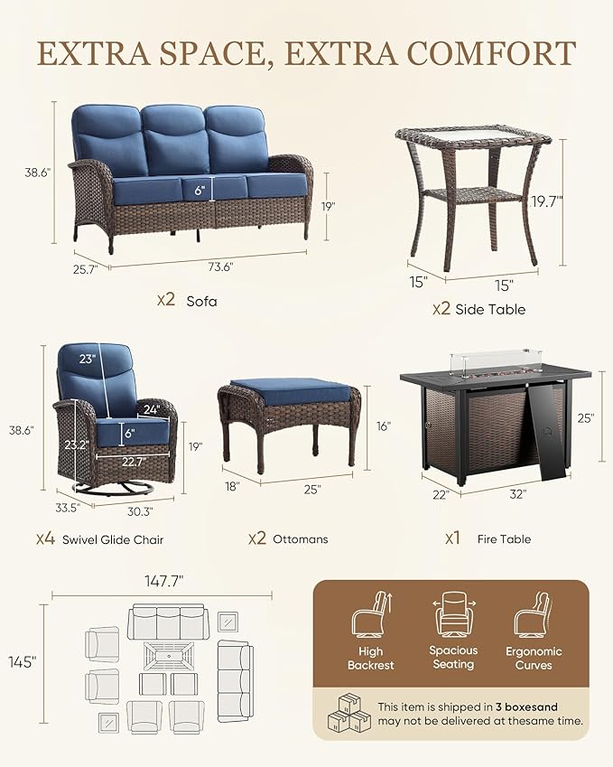 Belord Upgraded 6“ Cushion Luxury Patio Furniture Set with Fire Pit Table - 11 Piece Wicker Outdoor Furniture with High Back Swivel Rocker Patio Chairs, Conversation Set for Deck Porch - Brown/Blue
