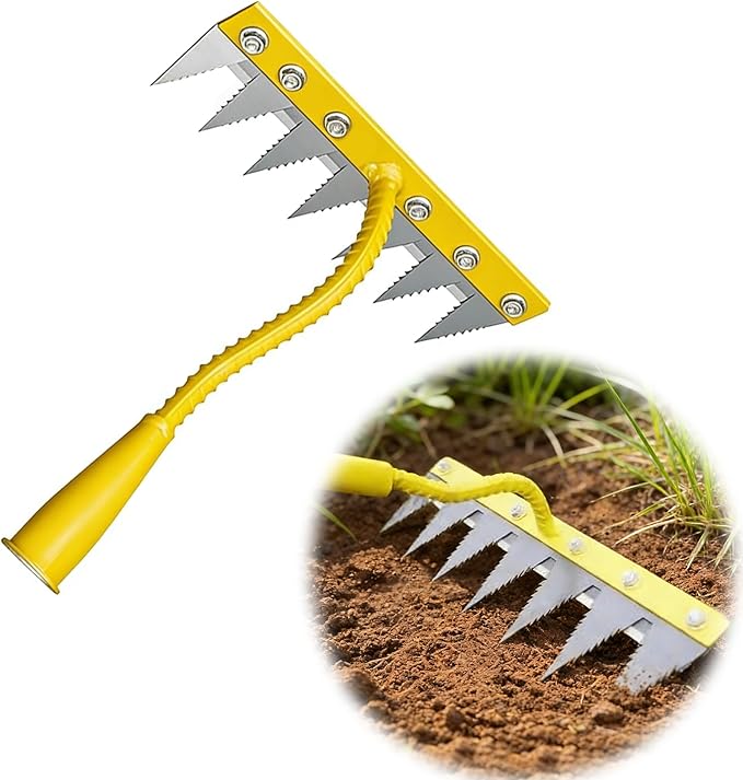 Iron Weeding Rake 2.0, Upgrade 5/6/7/8 Teeth Carbon Steel Garden Weeder Rakes, Iron Rake for Yard Lawn and Garden, Heavy-Duty Gardens Hand Weeder Puller Tool for Gardening (Yellow 7Teeth)