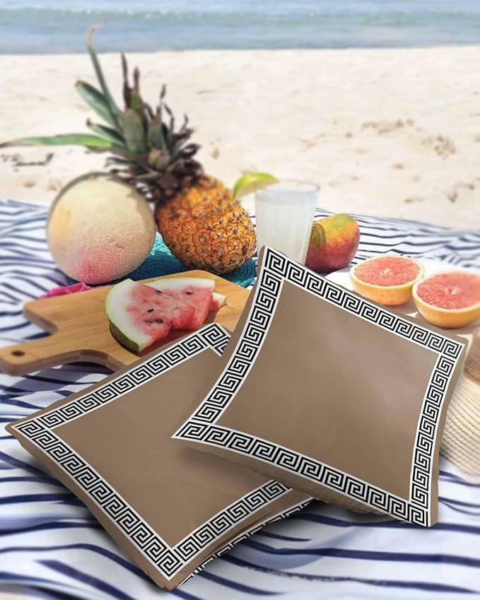 Prime Leader Outdoor Waterproof Pillow Covers Set of 2, Chinese Style Pattern Brown Background Patio Throw Pillow Covers, Decorative Cushion Case for Couch Sofa Furniture Garden, 16x16 Inch
