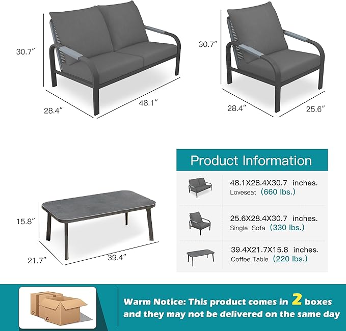 Aluminum Outdoor Patio Furniture Set,4-Piece Sectional Sofa with Coffee Table,Washable Thick Cushions,Modern Patio Conversation Set for Backyard,Garden,Porch,Balcony,Deck,Gray