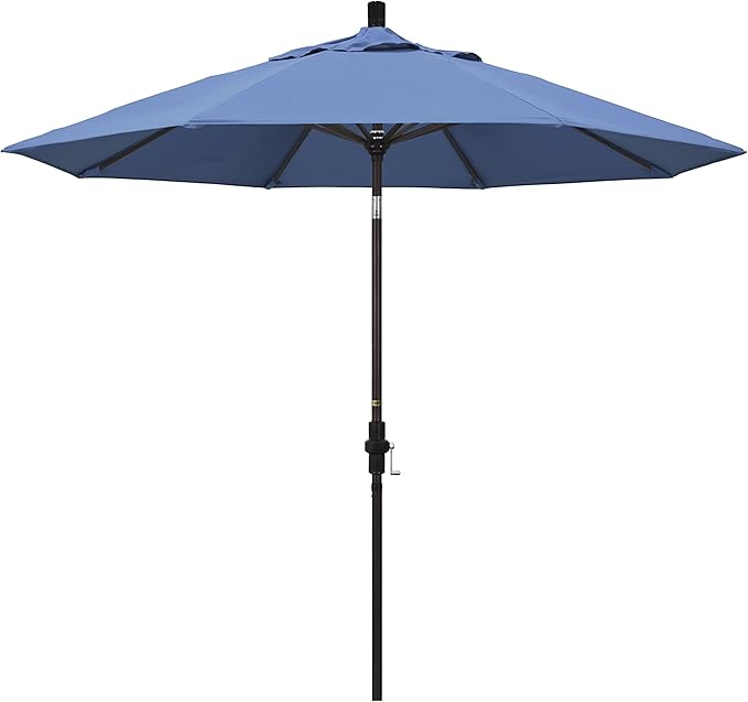 California Umbrella 9' Round Aluminum Patio Umbrella, Crank Lift, Collar Tilt, Bronze Pole, Frost Blue Olefin