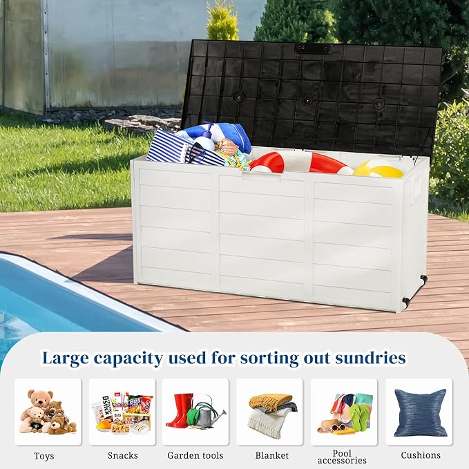 75 Gallon Outdoor Storage Box,Waterproof Deck Box with Lockable Lid&Wheels,Easy-open Outdoor Storage Bench with Handles for Garden,Pool,Balcony (White)