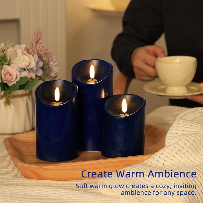 Navy Blue Flameless Candles with Remote Timer, Real Wax LED Candles Flickering, 3D Wick Fake Candles Candles Battery Operated for Home Living Room Wedding Party Gifts, Navy Blue Decor, Set of 3
