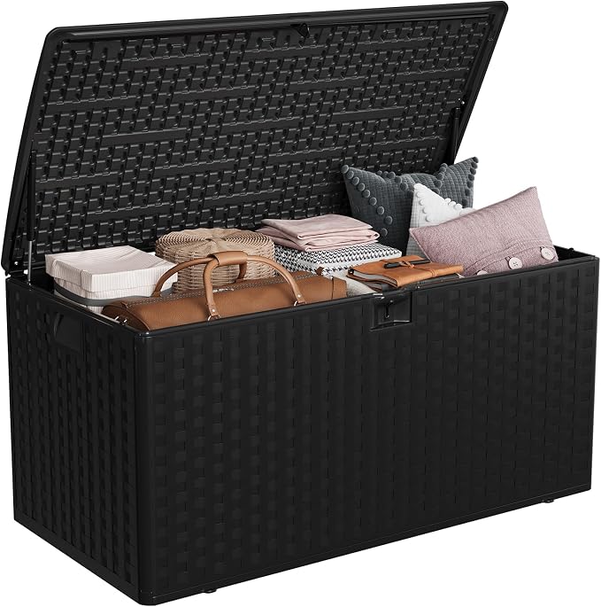 CABIHOME 99 Gallon Outdoor Resin Deck Box, Waterproof Lockable Patio Storage Bench with Handles, Large All-Weather Container for Furniture Cushions Garden Tools Pool Accessories