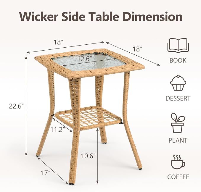 Outdoor Wicker Side Table, Rattan End with Glass Top, Patio Coffee Bistro for Indoor Garden Porch Balcony (Beige)