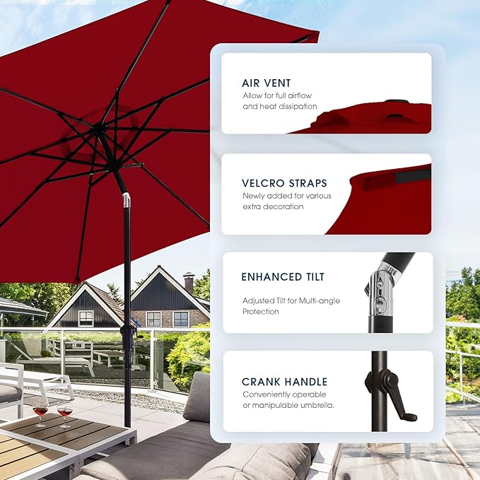 wikiwiki 9FT Patio Umbrella with Base, Outdoor Umbrellas with Base Included, 8 Sturdy Ribs, Waterproof Fade Resistant POLYESTER DTY Canopy for Deck, Lawn, Garden, Backyard & Pool, Burgundy Red