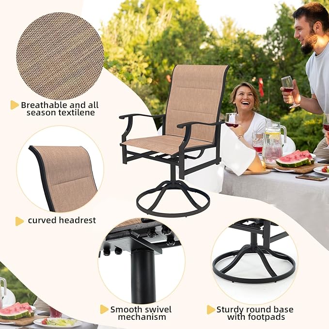 BUPPLEE Outdoor Patio Dining Set with 6 Swivel Chairs, Metal Table with Umbrella Hole, 7-Piece Patio Table and Chairs for Backyard, Poolside, Balcony and Garden (Brown)