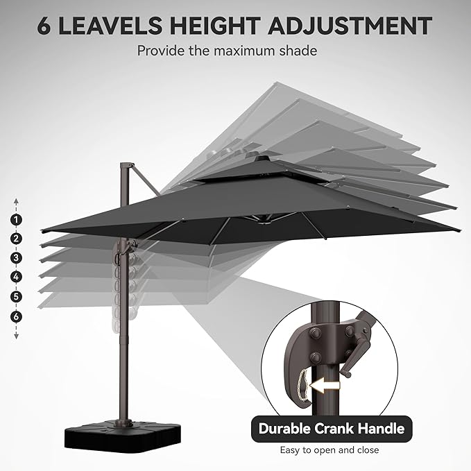 GENTEACO 10X10 FT Cantilever Umbrella, Large Offset Patio Umbrella with Double Top, 6 Angle Tilts & 360° Rotation, Large Square Sun Umbrellas for Outdoor Patio Pool Deck Market, Black