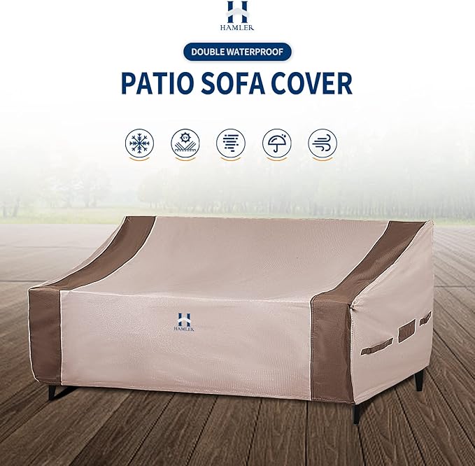 HAMLER Patio Sofa, Heavy Duty Waterproof Couch Cover - 3-Seater Outdoor Loveseat & Sofa Cover - Air Vents & Handles - Fits Up to 84"W x 42"D x 24"H - Brown & Beige