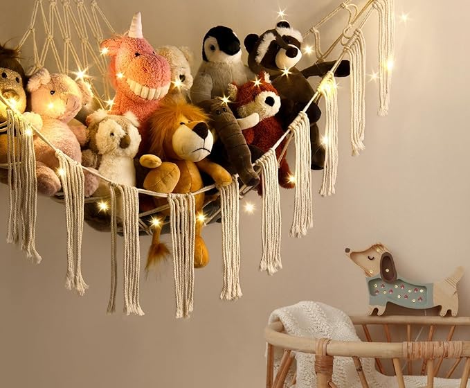 Stuffed Animal Hammock Corner Storage with LED Light - Toy Hammock Large Plushie Net - Stuffed Animal Holder Hanging Organizer - Teddy Bear Hammocks Room Decorations Preppy Toddler Kids Room Decor