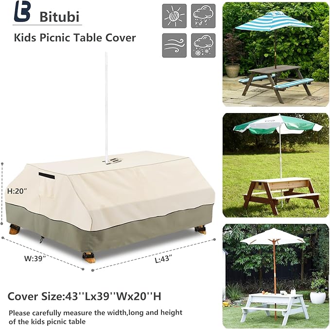 Bitubi Kids Picnic Table Cover with Umbrella Hole for Kids 3-in-1 Sand & Water Table, Waterproof Wood Outdoor Convertible Picnic Table Cover,Beige
