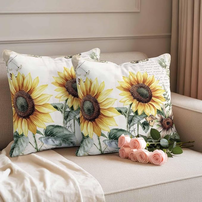 Vintage Yellow Sunflowers Outdoor Waterproof Throw Pillow Covers Set of 2, 18"x18", American Pastoral Style Decorative Pillow Covers Outside Cushion Case for Patio Porch Garden