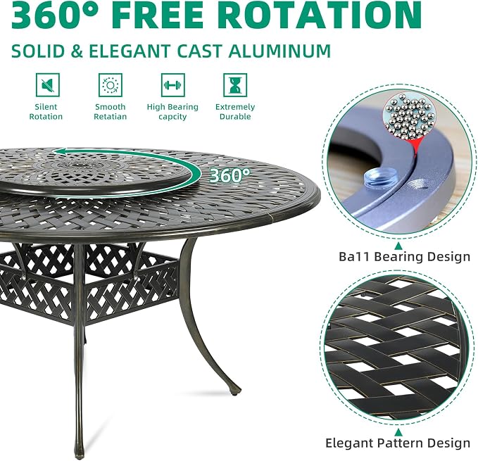 VIVIJASON Outdoor 61" Patio Dining Table for 6-8 Person, Large Patio Round Dining Table with Lazy Susan, Dark Bronze Cast Aluminum Rustic Patio Table with 2" Umbrella Hole for Balcony, Porch and Deck
