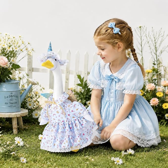Unicorn Fairy Porch Goose Outfit, Pastel Lace Ruffle Dress & Horn Hat with Iridescent Wings, Fits Standard 23 Inch Lawn Goose Statue, Outdoor Garden Yard Decor