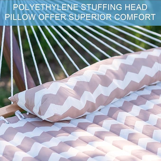 Lazy Daze Hammocks 12FT Quilted Fabric Double Hammock with Spreader Bars and Detachable Pillow, 2-Person for Patio, Poolside, Backyard, Beach - 450 lbs Capacity, Beige Wave