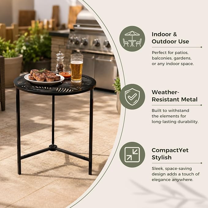Extra-large Metal Side Table 17.7 Inches Heavy-duty Outdoor Patio Garden End Table Round Accent Corner Stand for Small Space Weather-resistant Coffee Table for Balcony Porch Plant Stand, Tropical Leaf