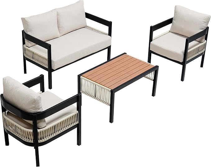 4 Piece Outdoor Iron Sofa Set with A Table, PE Rattan Patio Furniture Sets with Double and 2 Single Seats, Multi-Person Conversation Set for Garden, Lawn Use (Beige/92)