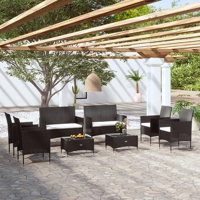 Backyard Furniture Patio Conversation Sets Outdoor Seating 8 Piece Patio Lounge Set with Cushions Poly Rattan Black Suitable for Swimming Pool, Courtyard, Garden