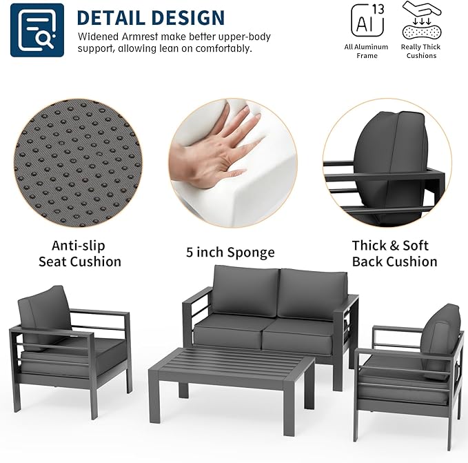 UDPATIO Patio Furniture Set Oversized Aluminum Outdoor Furniture Modern Patio Set, Thickness 5" Cushion Outdoor Seating Set for Balcony(Include Sofa Cover)